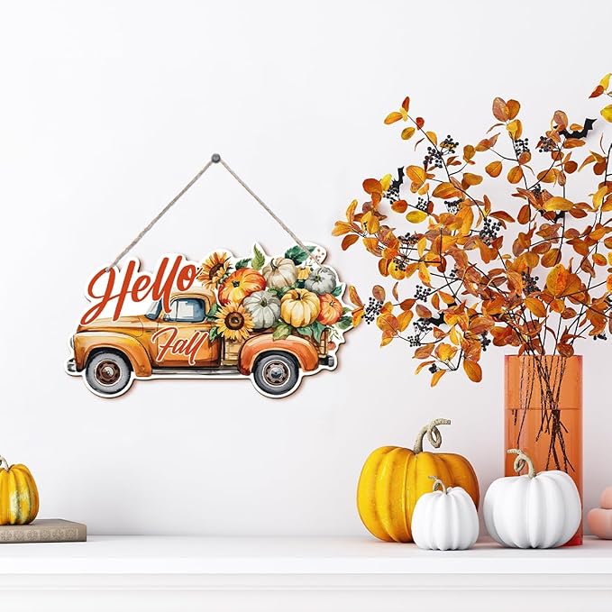 Hello Fall Wood Hanging Truck Decoration, Autumn Wooden Signs, Rustic Thanksgiving Decoration, Home Interior And Exterior Decor, Autumn Harvest Thanksgiving Home Decor-Ruum Studio Home