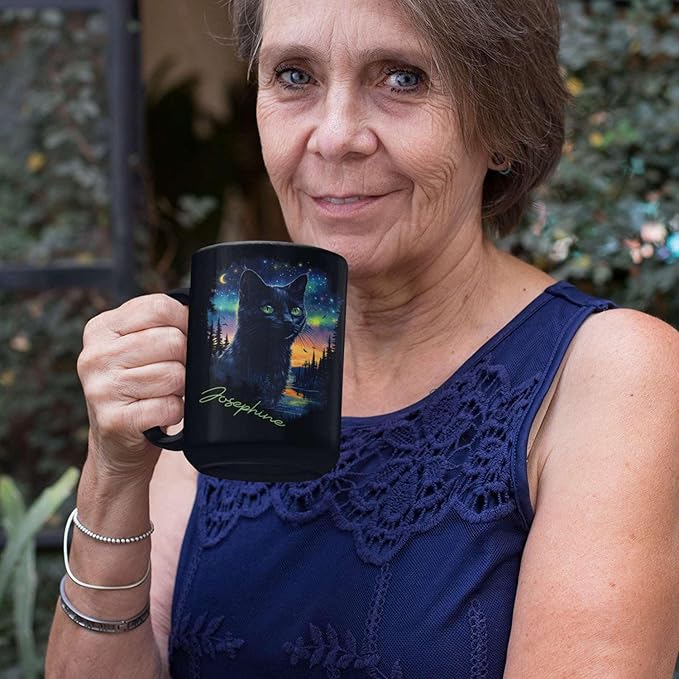 Custom Cute Cat Coffee Mug With Northern Lights, Customized Name Ceramic Mug 11oz 15oz, Beautiful Nature Scene Mug, Personalized Animal Lovers Black Cup, Gift For Pet Enthusiasts-Ruum Studio Home