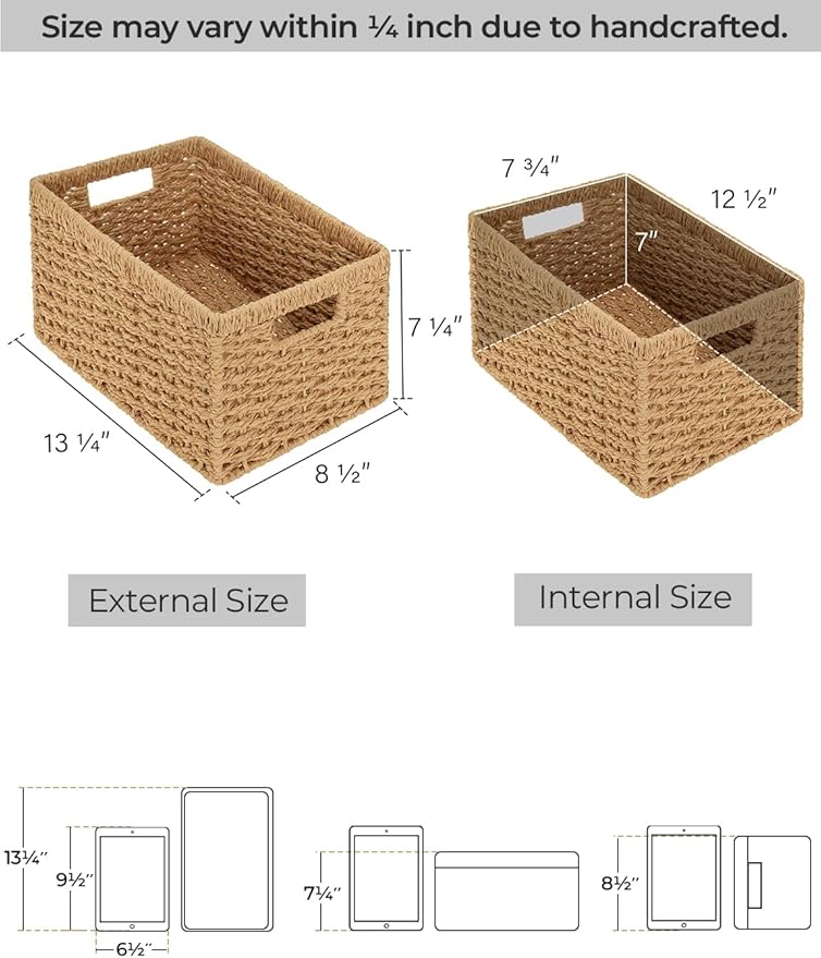 StorageWorks Round Paper Rope Storage Baskets, Rectangular Wicker Baskets with Built-in Handles, Medium, 13 ¼ x 8 ½ x 7 ¼ inches, 2-Pack-Ruum Studio Home