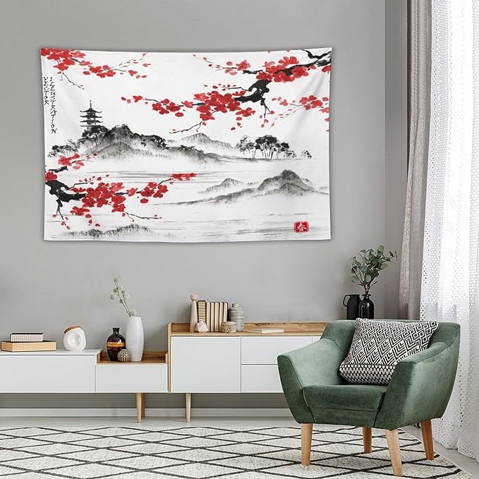 Cherry Blossoms Tapestry, Japanese Fuji Mountain Tapestry, Asian Japanese Wall Tapestry, Nature Landscape Tapestries for Bedroom Living Room Decor 90"x60"-Ruum Studio Home