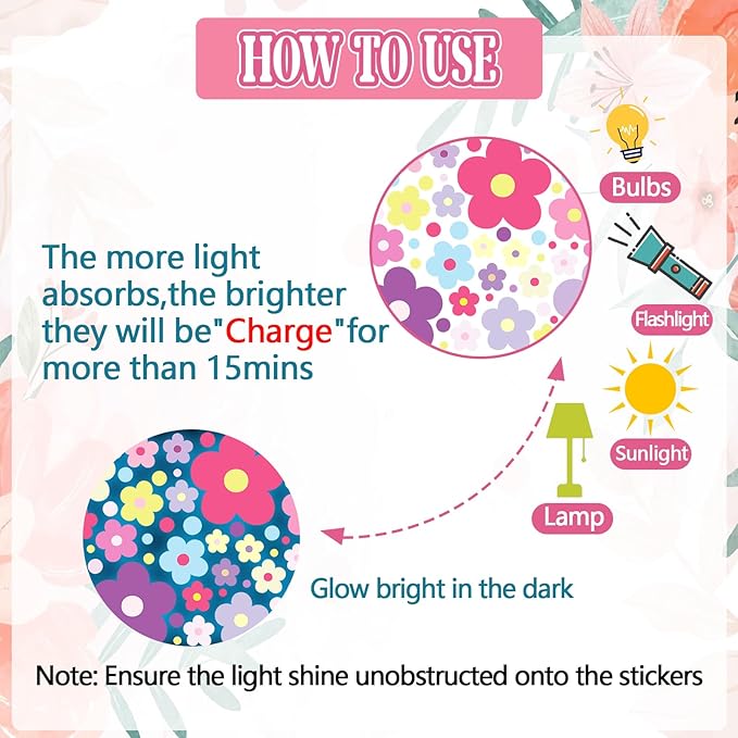 Glow in The Dark Y2k Cute Flowers Wall Decals，Glowing Luminous Colorful Floral Wall Stickers Colorful Removable self-Adhesive Preppy Hippie Stickers for Girls Bedroom-Ruum Studio Home