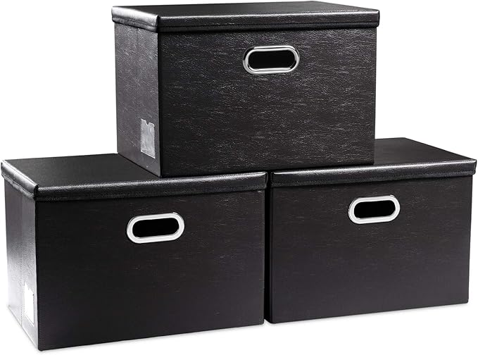 PRANDOM Extra Stackable Storage Bins with Lids [3-Pack] Leather Fabric Foldable Storage Boxes Organizer Containers Baskets Cube with Cover for Bedroom Closet Office Nursery Black (22.8x15.7x13.8)-Ruum Studio Home