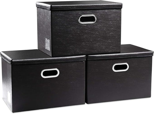 PRANDOM Large Foldable Storage Bins with Lids [3-Pack] Leather Fabric Collapsible Storage Boxes Organizer Containers Baskets Cube with Cover for Home Bedroom Closet Office Black(17.7x11.8x11.8)-Ruum Studio Home
