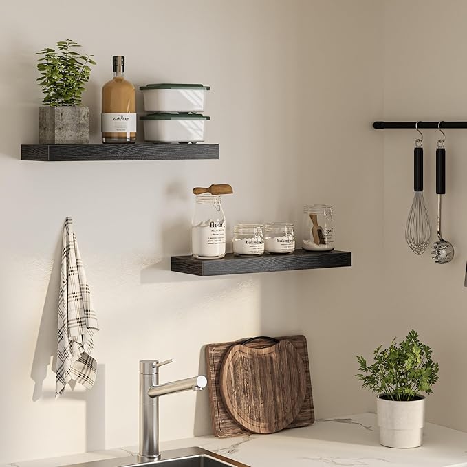 Floating Shelves for Wall, 24" W x 6.7" D x 1.5" H, Wooden Wall Mounted Display Shelves with Invisible Brackets for Living Room, Bedroom, Bathroom, Kitchen Decor and Storage, Set of 2, Black-Ruum Studio Home