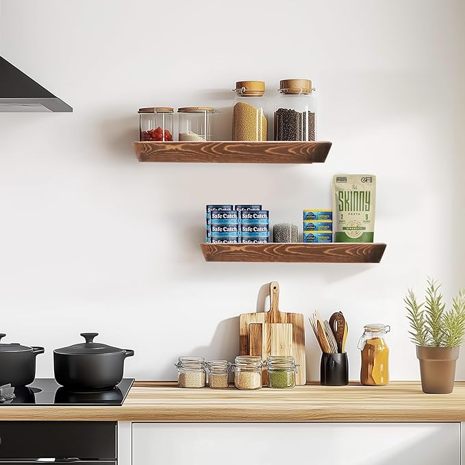 16"x6.8"x1.6" Slanted Floating Wall Shelves 2-Pack - Rustic Brown Finish, Heavy-Duty Solid Wood Design with Hidden Brackets - Perfect for Living Room, Kitchen, Bathroom, or Office-Ruum Studio Home