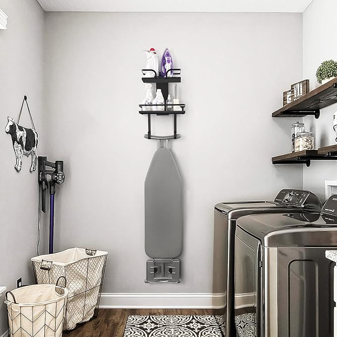 VINAEMO Ironing Board Hanger Wall Mount, 2-Layer Iron and Ironing Board Holder, Laundry Room Shelves Solid Wood with Removable Hooks Home Organization and Storage-Ruum Studio Home