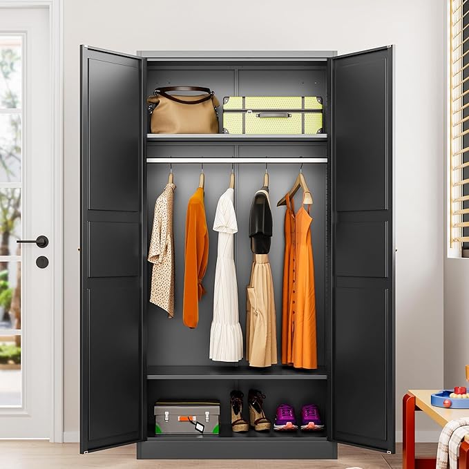 SISESOL Metal Wardrobe Cabinet with Hanging Rod,Black Armoire Wardrobe Closet,Metal Clothing Storage Cabinet with Adjustable Shelves and Doors,72" Cloth Storage Cabinets for Home,Living/Laundry Room-Ruum Studio Home
