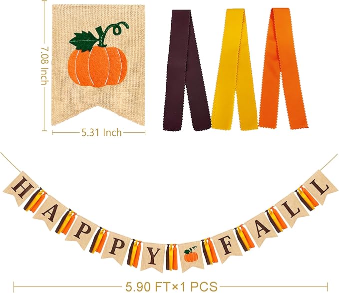 Happy Fall Pumpkin Burlap Pennant Banner Flag Felt Happy Fall Sign and Pumpkin Pattern with Fall Color Ribbon for Fall Autumn Harvest Thanksgiving Day Birthday Baby Shower Party Decorations Supplies-Ruum Studio Home