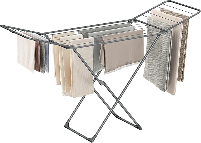 SONGMICS Clothes Drying Rack, Metal Laundry Drying Rack, Foldable, Space-Saving, Free-Standing Airer, with 2 Gullwings, Indoor Outdoor Use, Bed Linen Clothing, Gray ULLR540G01-Ruum Studio Home