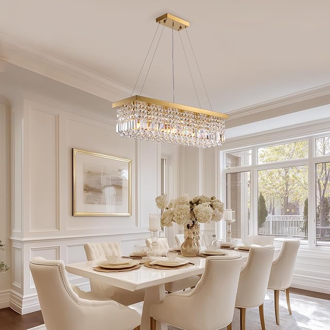 Modern Gold Crystal Chandelier,Rectangular K9 Crystal Raindrop Light Fixture,6 Light Rectangle Chandeliers for Dining Room Living Room Kitchen Island L31.5''xW10''xH10''-Ruum Studio Home