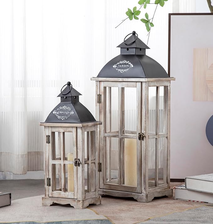 Set of 2 Large Decorative Wooden Metal Lanterns, Farmhouse Rustic Floor Candle Lanterns, Indoor/Outdoor Hanging Lanterns for Home Decor (No Glass)-Ruum Studio Home
