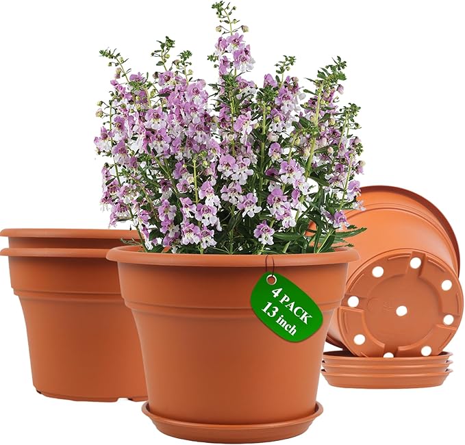 13 Inch Plastic-Flower-Pot-for-Indoor-Plants, 4 Pack Large Outdoor Planter Pot with Drainage Holes & Saucers, Resin Decorative Garden Pots Planters-Ruum Studio Home