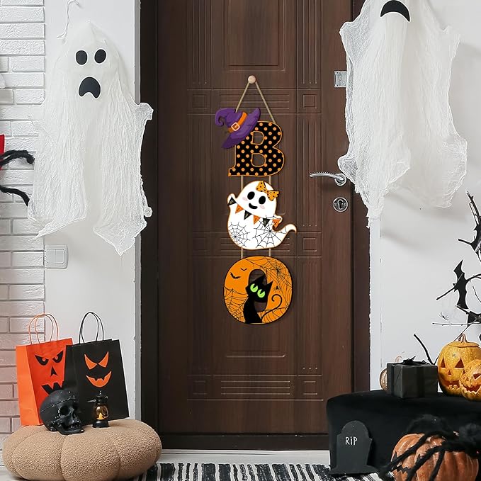 Britimes BOO Halloween Door Sign for Front Door, Halloween Cute Ghost Black Ghost Wall Decorations Wooden Hanging Signs for Home Wall Porch Outdoor Party Decor-Ruum Studio Home