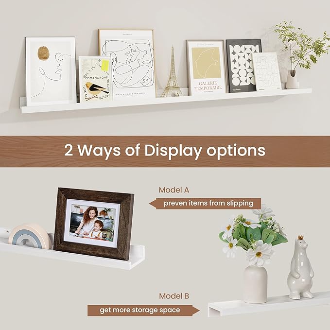 Picture Ledge Shelf, Solid Pine Wood Floating Shelves Set of 2, 48 Inches Nursery Book Shelves for Toys Storage, Kids Bookshelf Wall Mounted for Living Room Bedroom Decor Books Photo Frames, White-Ruum Studio Home