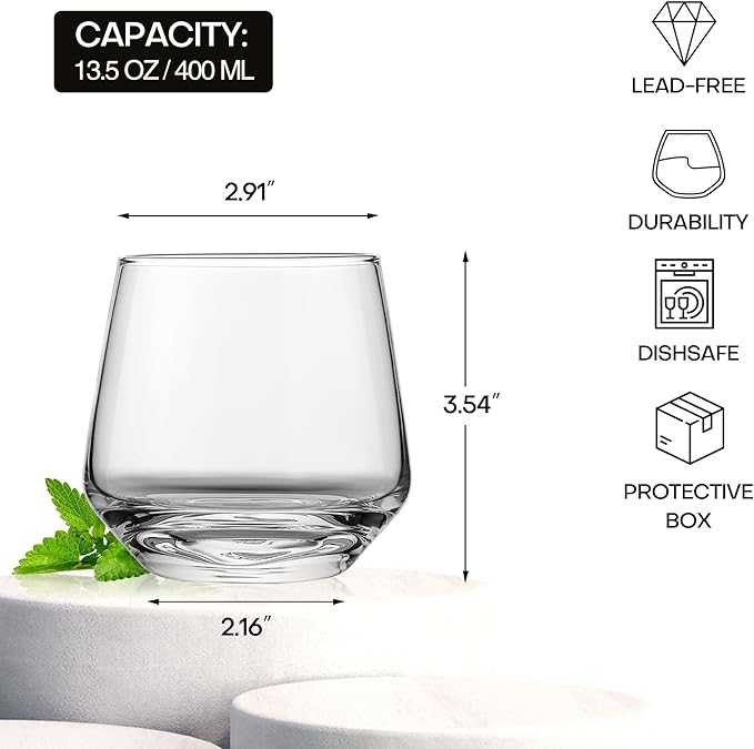 Stemless Wine Glasses Set of 4, 13.5oz Red White Wine Glasses for Daily Use, Hosting, Home Bar, Evening Party, Birthdays, Housewarming Gift, Clear-Ruum Studio Home
