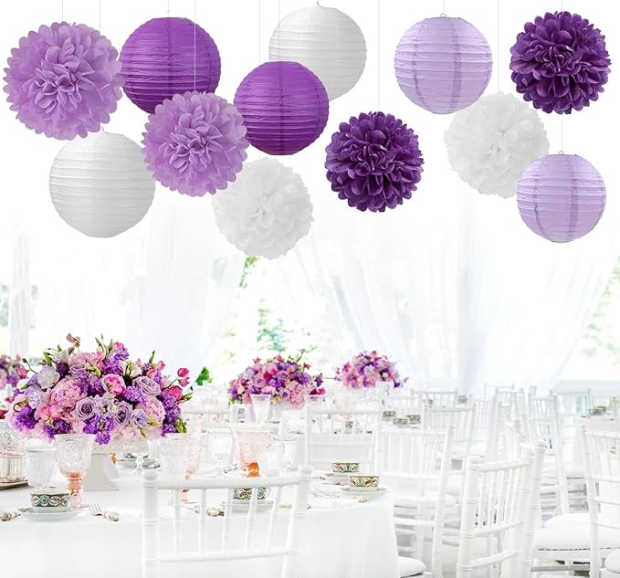 Purple-White Lavender Party Decorations Paper Flowers Lanterns - 15PCS Birthday Graduation Tissue Pom Poms Streamers, Baby Bridal Shower Wedding Retirement Bachelorette Hanging Supplies Decor Hugfond-Ruum Studio Home