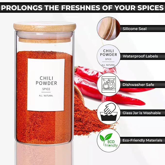 12 Pcs Glass Spice Jars With Bamboo Airtight Lids, 10oz Thicken(2.4mm) Spice Containers With 148 Minimalist Preprinted Waterproof Spice Labels, Kitchen Empty Small Storage Jars For Seasoning, Herb-Ruum Studio Home