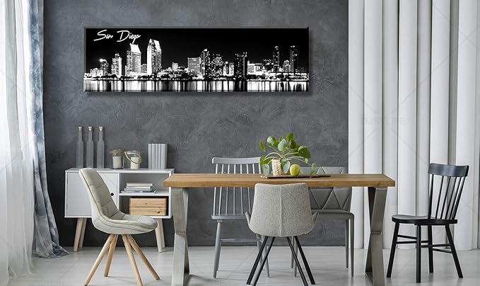 DJSYLIFE San Diego Skyline Wall Art Black and White Night View USA Cityscape California Pictures Artwork Painting Poster for Bedroom Office Decoration Stretch Framed Ready to Hang 13.8"x47.3"-Ruum Studio Home