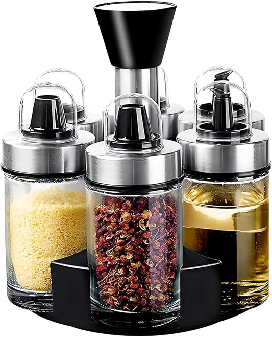 Mlici Oil and Vinegar Dispenser Set of 6 Bottles, Stainless Steel Salt Pepper Holder with 360° Rotating Holder, Cruet Soy Sauce - Premium Glass Condiment for Kitchen, Tabletop, Kitchen Containers-Ruum Studio Home