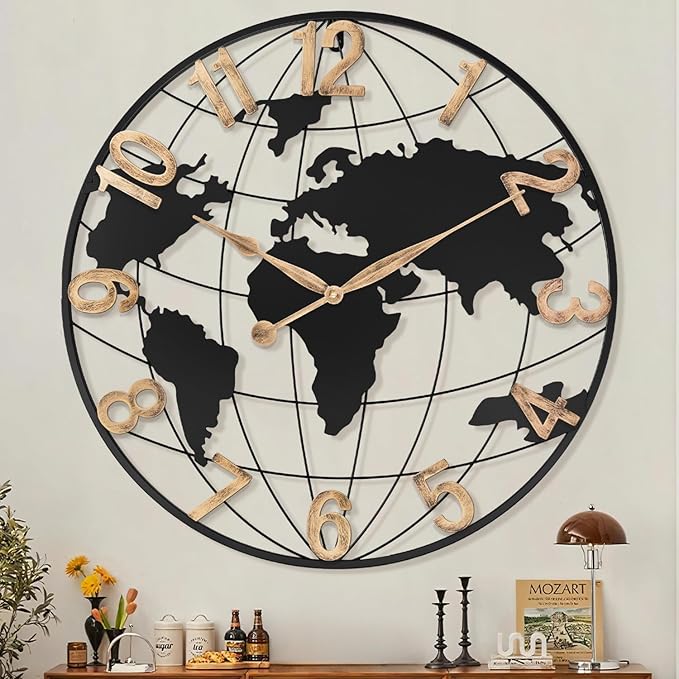 30 Inch Extra Giant Large Wall Clock Oversized,Black Big Metal Modern Decorative Silent World Map Wall Clock with Vintage Gold Arabic Numeral for Office,Living Room,Kitchen,Dining Room Decor-Ruum Studio Home
