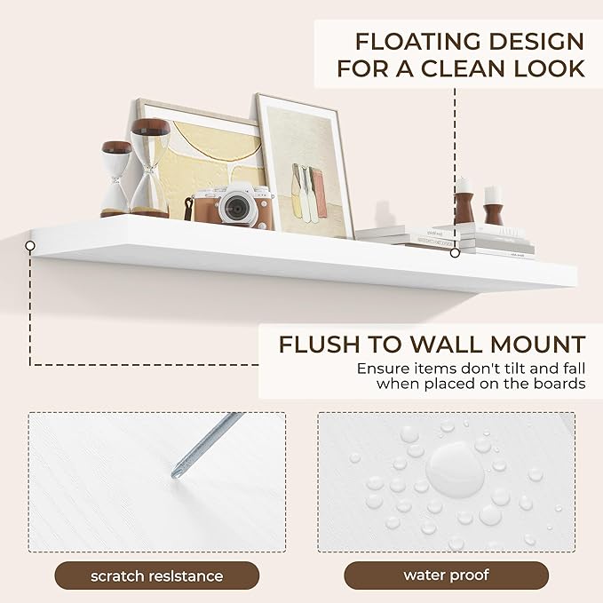 RICHFOCUS 55Inch Floating Shelves for Wall 1 Pack Shelves for Bedroom|Kitchen|Bathroom Wall Mounted Rustic Wood Floating Shelf with Invisible Brackets for Books|Storage|Decor, White-Ruum Studio Home