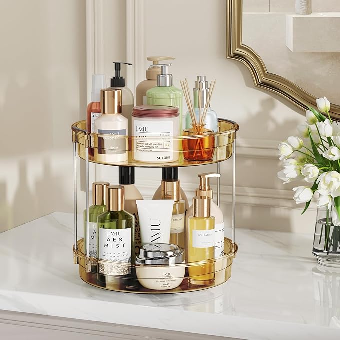 LAMU 12inch 2 Tier Lazy Susan Turntable Organizer Rotating Spice Rack Organization for Cabinet, Kitchen, Pantry, Countertop, Bathroom, Vanity, Medicine Cabinet Organizer, Amber-Ruum Studio Home