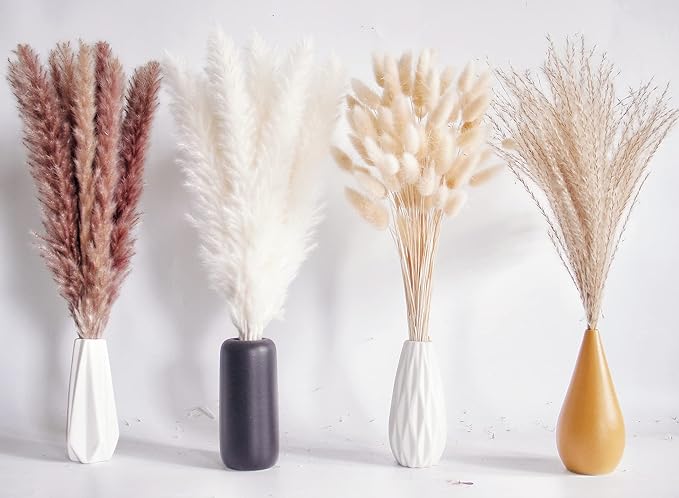 100 PCS Dried Flowers Pampas Grass Bouquet, Boho Table Decor, Bunny Tails Dried Flowers, Brown Pompas, White Pampas Grass for Wedding, Home, Rustic Party, Baby Shower Decorations-Ruum Studio Home