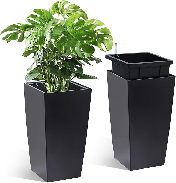 16" Tall Planters Set of 2, Outdoor＆Indoor Black Planter Pots, High Front Porch Planter Pots with Drainage Holes＆Water Level Monitor＆Inner Bucket, Automatic Watering,Black-Ruum Studio Home