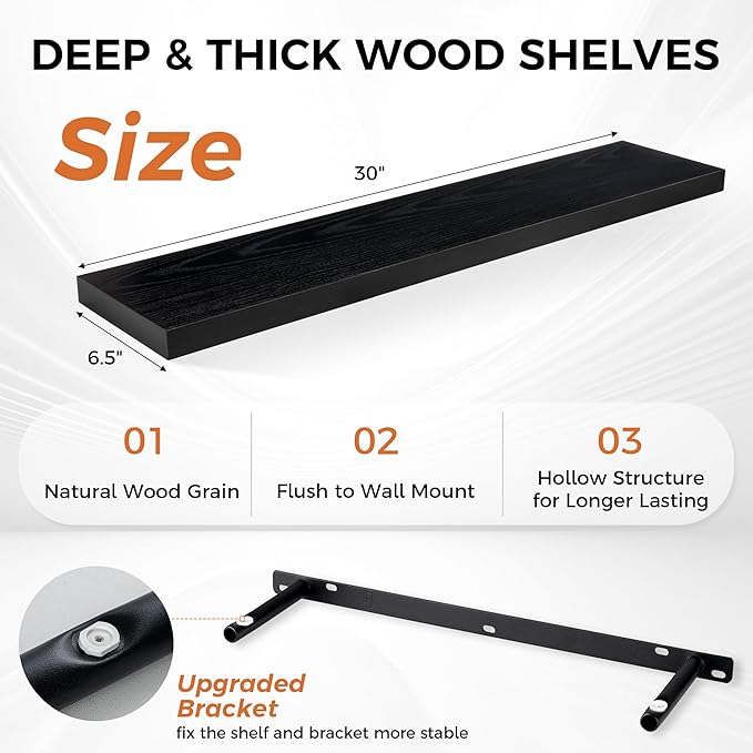 Fun Memories Floating Shelves for Wall, 30" Rustic Wood Deep Wall Mounted Shelves with Invisible Brackets for Decor & Storage, Floating Shelf for Living Room, Bathroom (Black, Set of 2)-Ruum Studio Home
