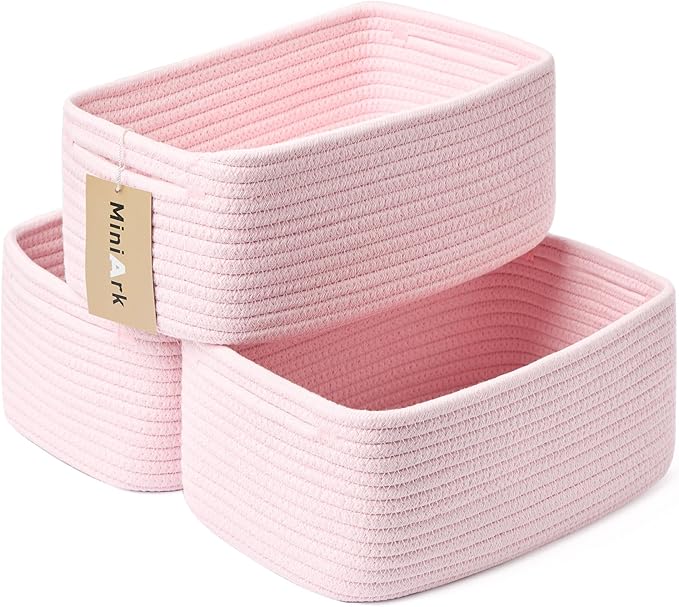 Small Storage Baskets for Organizing | Closet Organizer Bins | Shelf Toy Basket | Woven Rope Baskets | Cube Decorative Box | Shallow Basket | 13x8.5x5.1” | 3 Packs Light Pink-Ruum Studio Home