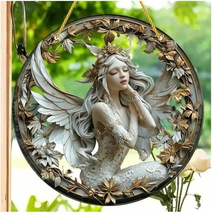 Flower Fairy Garden Decorations Angel Wing Christmas Halloween Deco Statue Art Elf Sculpture Hanging Craft for Outdoor Yard Courtyard Lawn Patio Window Acrylic Ornament Home Gift (C,L: 8*8 IN)-Ruum Studio Home