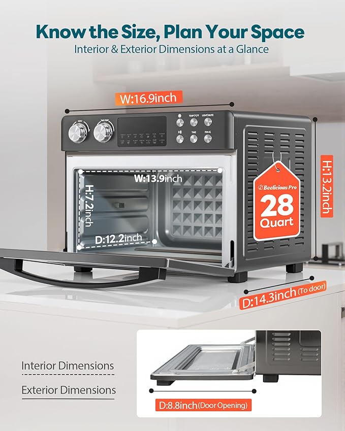28QT Air Fryer Toaster Oven Combo, Large 12-in-1 Convection Countertop Oven with Next-Gen HeatWave Convection, 3-Layer Cooking, Rotisserie for Chicken, Fits 11" Pizza, Full Accessories, Sparkle Black-Ruum Studio Home