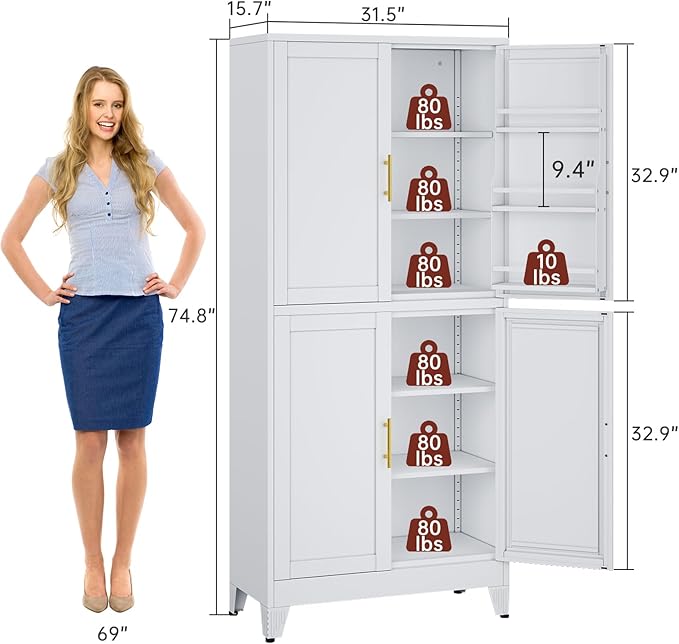 75" H Metal Storage Cabinet, Pantry with 6 Door Shelves and 4 Adjustable Shelves, Leveling Foot for Kitchen, Living Room and Dinning Room, White-Ruum Studio Home