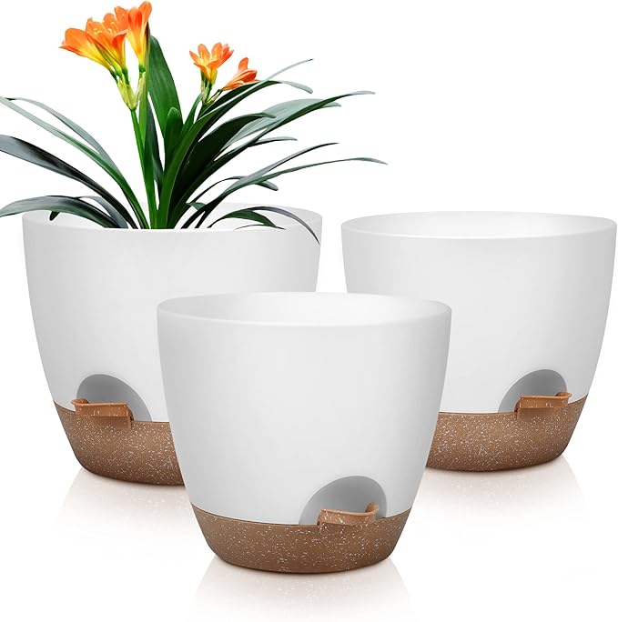 Plant Pots 10/9/8 Inch Self Watering Pots, Set of 3 Plastic Planters with Drainage Holes and Saucers,Plastic Flower Pots,Nursery Planting Pot for Indoor Out Door Plants（White）-Ruum Studio Home