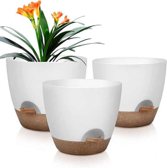 Plant Pots 10/9/8 Inch Self Watering Pots, Set of 3 Plastic Planters with Drainage Holes and Saucers,Plastic Flower Pots,Nursery Planting Pot for Indoor Out Door Plants（White）-Ruum Studio Home