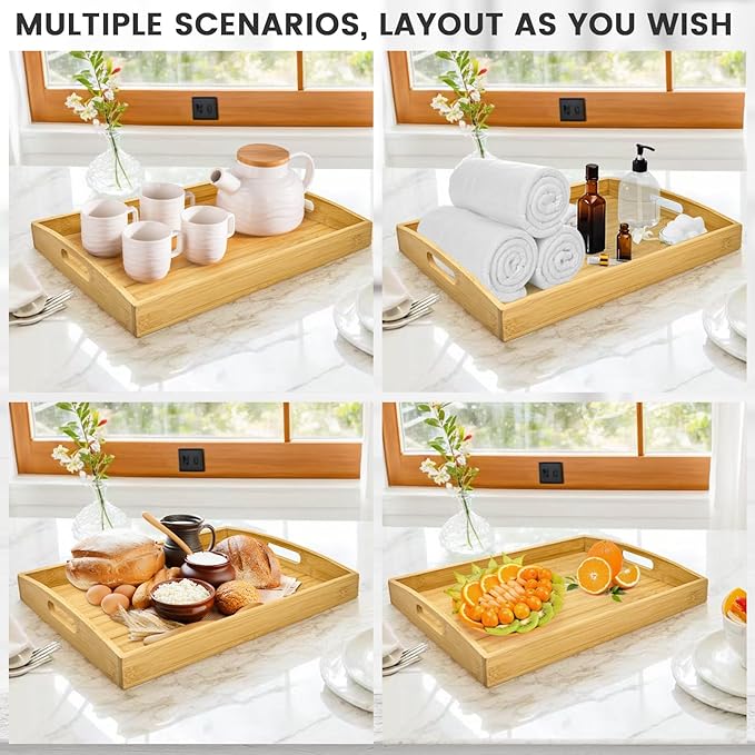 Bamboo Serving Tray with Handles Set of 3 - Decorative Wooden Trays for Eating, Working, and Storing, Suitable for Use in Bedroom, Living Room, Kitchen, Bathroom, Outdoor Scenarios and More-Ruum Studio Home