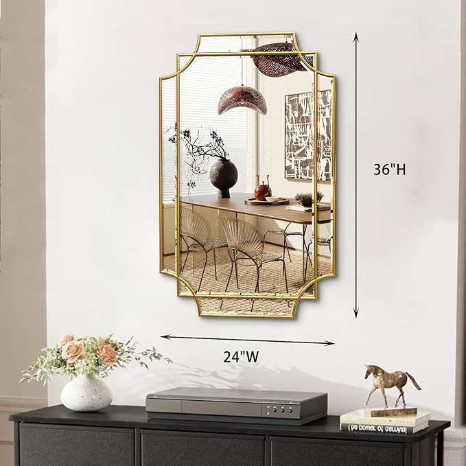 Gold Mirror for Wall, 36x24 Gold Wood Framed, Scalloped Beveled Polished Rectangle Mirror, Large Decorative Mirrors for Wall Decor, Irregular Mirror for Living Room, Bathroom Vanity, Entryway-Ruum Studio Home