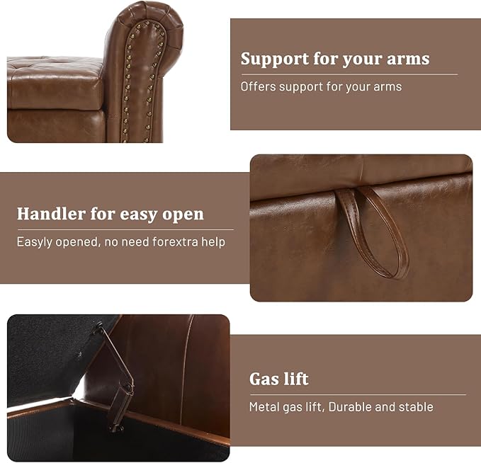 Furniliving 55” End of Bed Bench, Bedroom Bench with Button-Tufted, Large Upholstered Storage Ottoman Entryway Bench with Storage Shoe Cabinet Bench, for Bedroom, PU, Brown-Ruum Studio Home