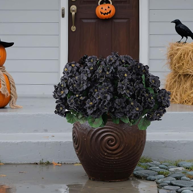 Hananona 6 Bundles Artificial Geranium Flowers for Outdoors Black Silk Geranium Flowers Outdoor UV Resistant Plants Faux Black Flower for Home Kitchen Halloween Table Centerpieces Decor (6, Black)-Ruum Studio Home