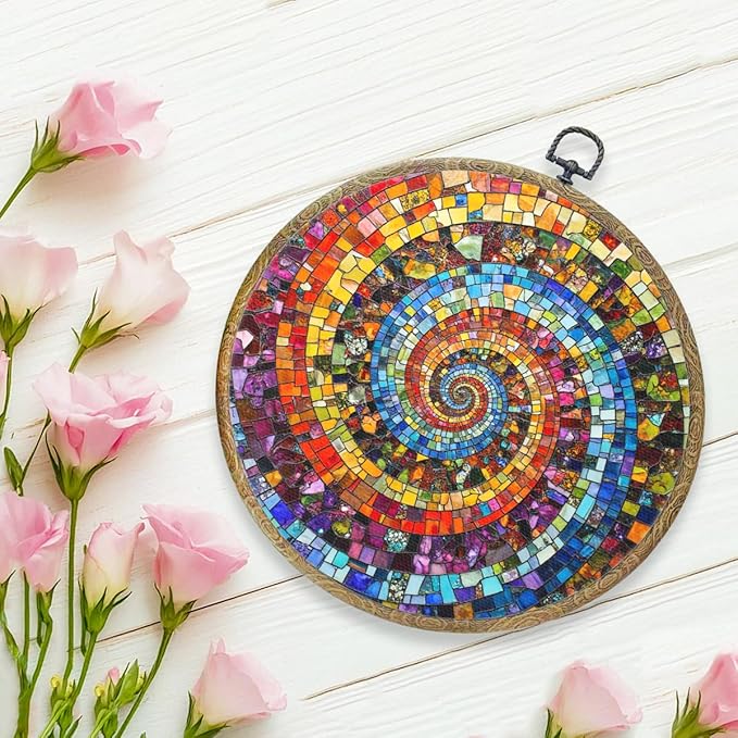 Colorful Glass Style Colorful Geometric Decoration Gift for Art Lovers Framed Round Wall Decor Canvas Wall Art Hanging Prints Artwork for Home Nursery Bedroom Living Room Decorations 10.2X10.2 Inch-Ruum Studio Home