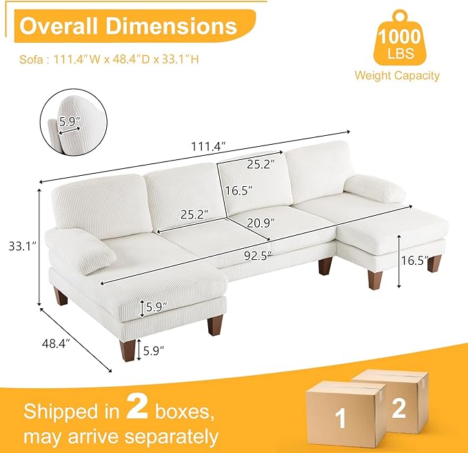 Karl home U-Shape Sectional Sofa Couch 111" Modern 4-Seat Sofa with Chaises Corduroy Fabric Upholstered Covertible Couch with Wood Grain Legs for Living Room, Reception Room, Apartment, Beige-Ruum Studio Home