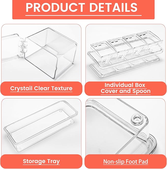 Clear Seasoning Box, 4 Piece Seasoning Rack Spice Pots, Plastic Storage Container Condiment Jars with Lids and Spoon, Storage Container Spice Jar for Salt Sugar Tea Herbal Coffee Beans-Ruum Studio Home