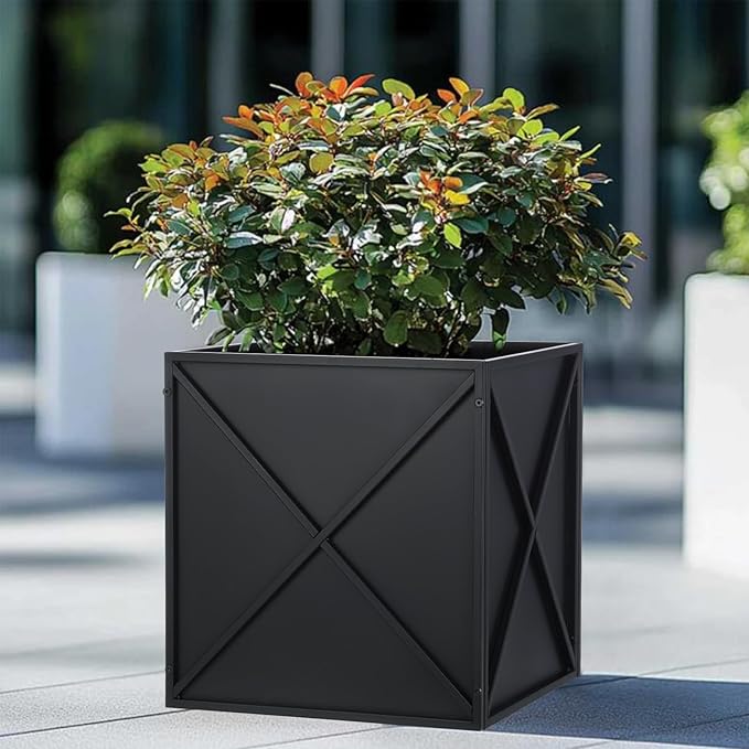 Metal Square Planter Box Tall Planters for Outdoor Plants Modern Heavy Duty with Drainage Holes for Outside Indoor Patio Deck - Black, 17”x 17”x 18”-Ruum Studio Home