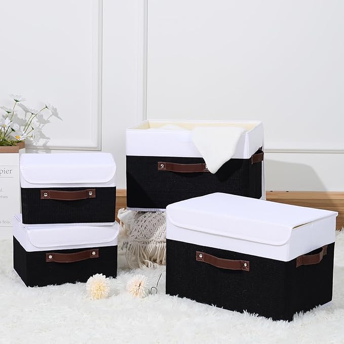 ANMINY Storage Boxes with Lids Washable Decorative Storage Bins Basket with PU Leather Handle Foldable Linen Fabric Storage Cubes Containers for Home Closet Organizer - Black White, Large Size-Ruum Studio Home