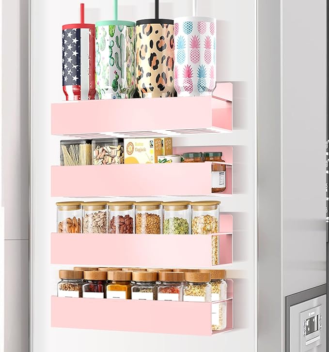 Magnetic Spice Rack Organizer for Fridge Seasoning Organizer for Kitchen Storage With Screw Magnetic Shelf for Oven, RV,Garage,Bathroom (Pink, 4pack)-Ruum Studio Home