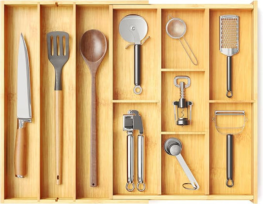 SpaceAid Bamboo Utensil Drawer Organizer with Labels, Kitchen Silverware Expandable Tray Holder Organizer for Flatware, Cutlery, Spoon and Knives Drawer Storage Organization (Natural)-Ruum Studio Home