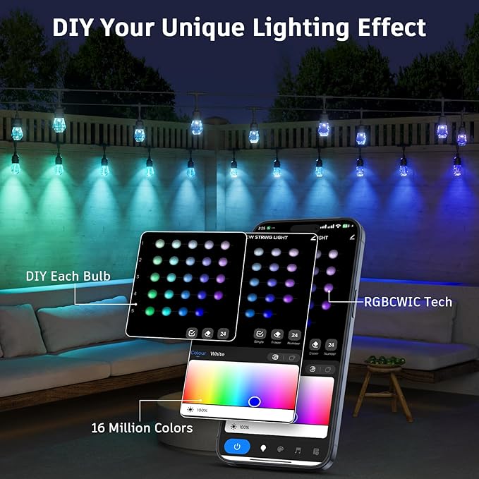 XMCOSY+ Smart Outdoor String Lights - 123ft RGBCWIC Patio Lights with 40 Color Changing Bulbs, LED String Light for Outside Backyard Bistro Party, APP WiFi Control, Work with Alexa, IP65 Waterproof-Ruum Studio Home