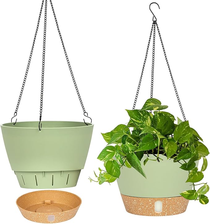 QCQHDU 2 Pack Hanging Planters for Indoor Outdoor Plants, 10 Inch Hanging Baskets Flower Pots with Reservoir Tray & Visible Water-Level-Ruum Studio Home