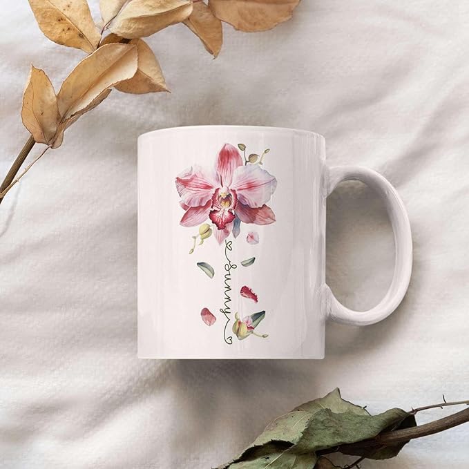 Novelty Coffee Cup With Orchid Design, Personalized Name Flower Accent Mug, Custom Orchid Flower Ceramic Cup 11oz 15oz, Customized Flower Lover Mug, Gift For Family Member-Ruum Studio Home