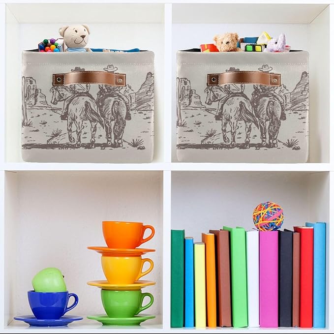 Western Desert Cowboy Storage Basket Cube Storage Bins Organizer Bag Collapsible Closet Shelf Baskets with handle for Baby Cloth Pet Toy Book 14.2×10.2×8.3 IN-Ruum Studio Home